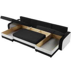 Garnero Arredamenti Divani Panoramici|Divani Angolari-Divano letto angolare 5 posti 304cm contenitore nero ecru Assunta Tessuto Vellutato Alova Nero Beige