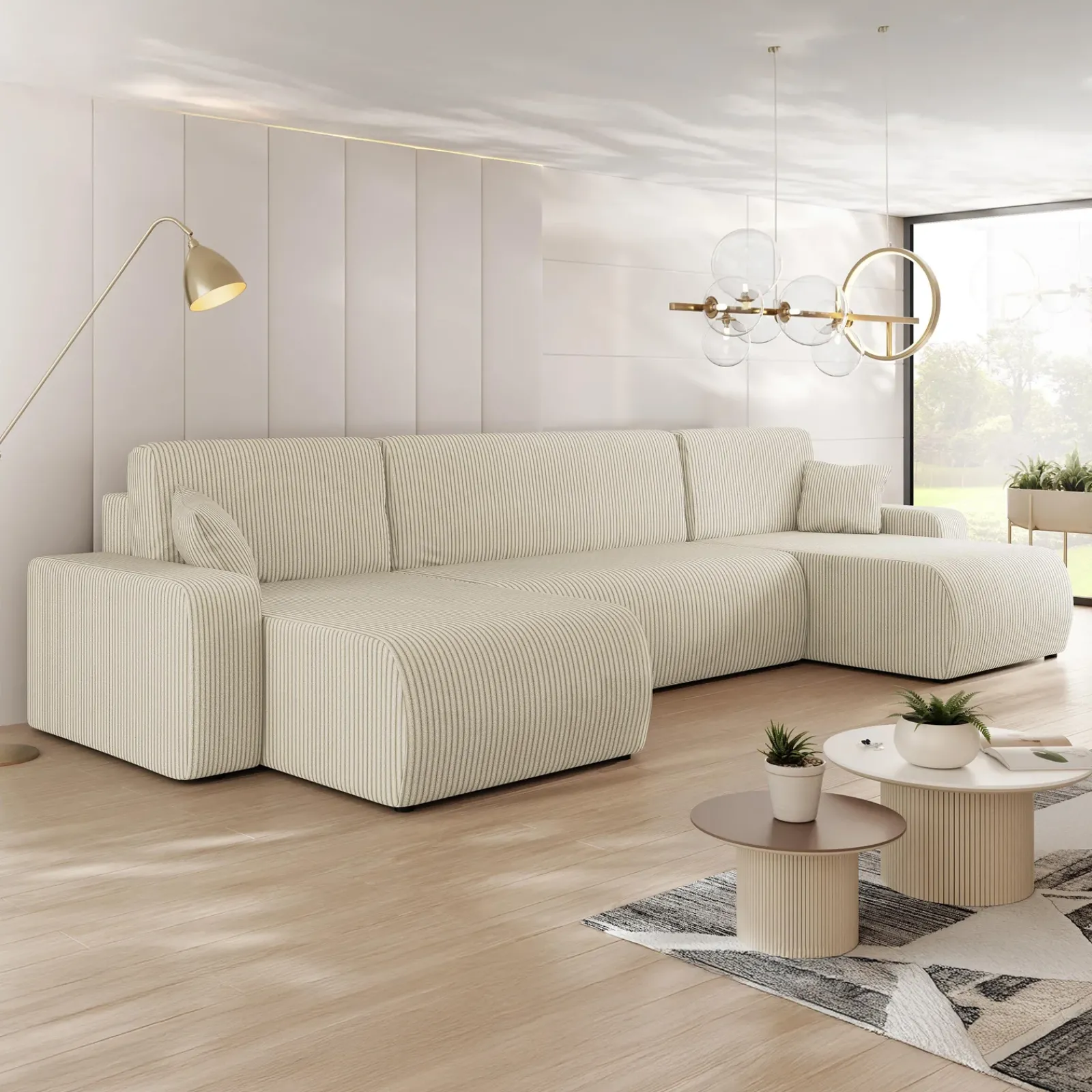 Garnero Arredamenti Divani Angolari|Divani Letto-Divano letto angolare 5 posti 312x145cm con contenitore a coste beige Slurp Velluto Poso Beige