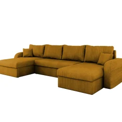 Garnero Arredamenti Divani Panoramici|Divani Angolari-Divano letto angolare 5 posti 304cm con contenitore velluto a coste senape Assunta Velluto Poso Senape