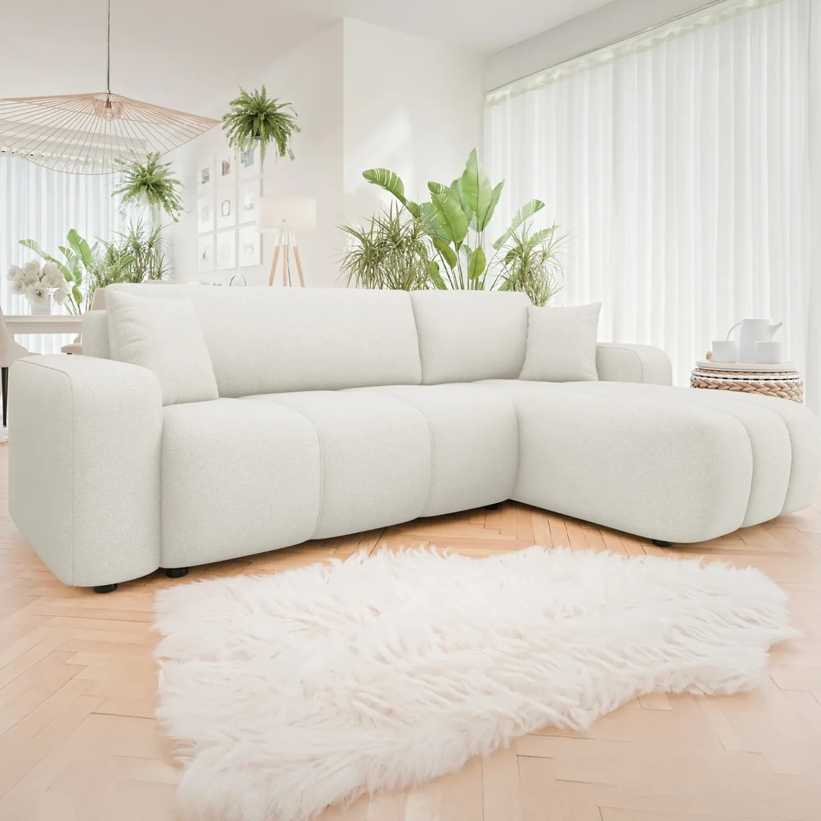 Garnero Arredamenti Divani Angolari|Divani Letto-Divano letto angolare 3 posti 244x145cm con contenitore tessuto beige Orama Tessuto Velo Beige