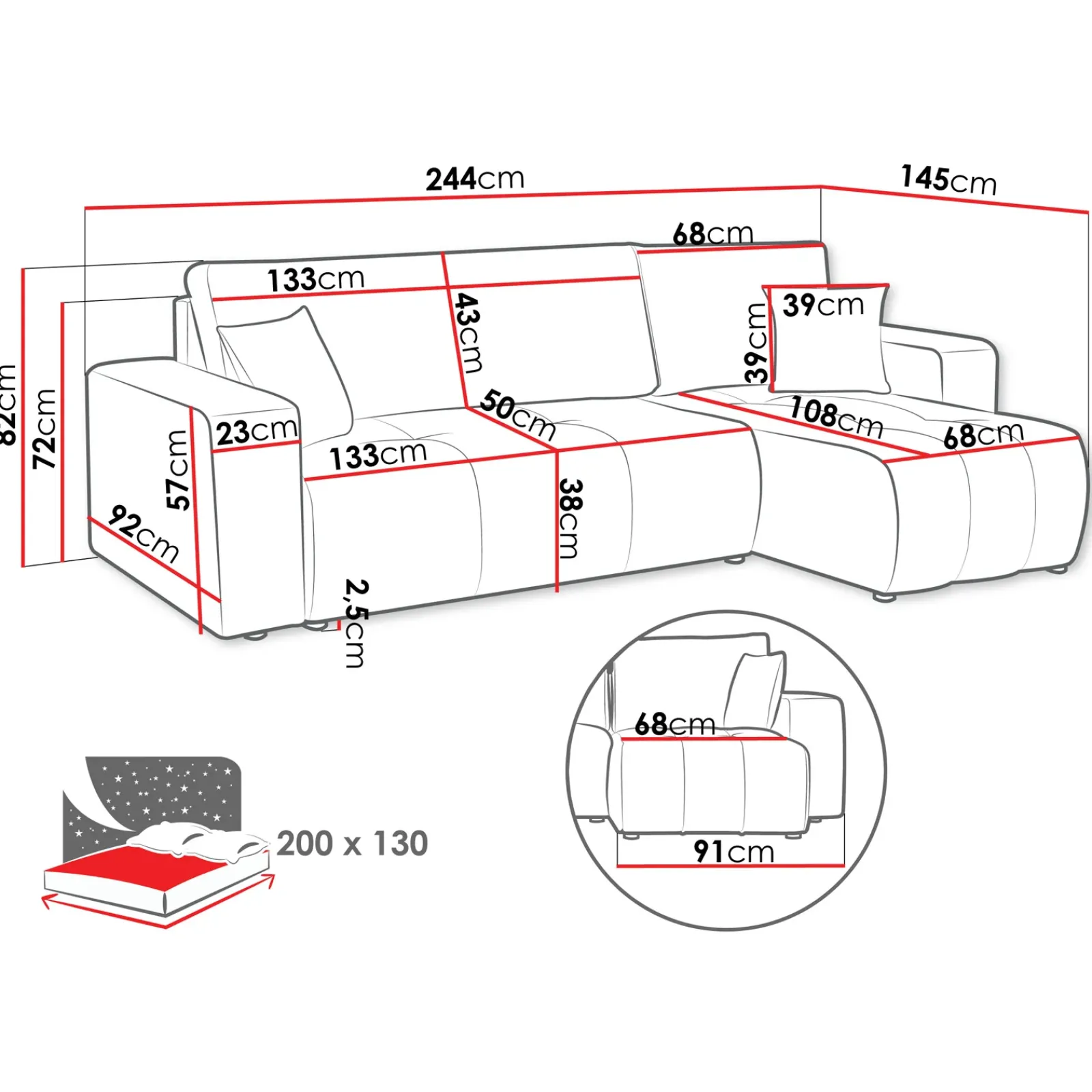 Garnero Arredamenti Divani Angolari|Divani Letto-Divano letto angolare 3 posti 244x145cm con contenitore tessuto beige Orama Tessuto Velo Beige