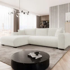 Garnero Arredamenti Divani Angolari|Divani Letto-Divano letto angolare 4 posti 285x188cm con contenitore a trama spessa bianco Soft Tessuto Flow a Trama Spessa Bianco