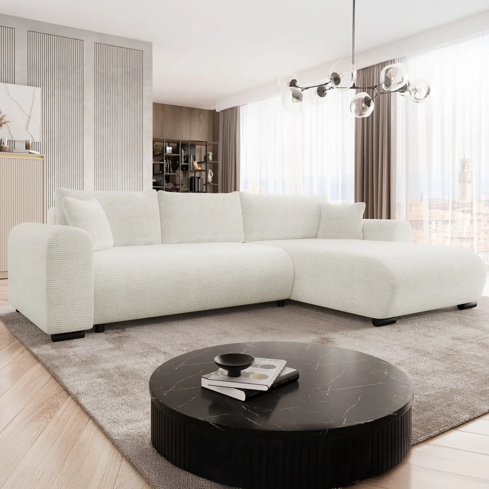 Garnero Arredamenti Divani Angolari|Divani Letto-Divano letto angolare 4 posti 285x188cm con contenitore a trama spessa bianco Soft Tessuto Flow a Trama Spessa Bianco