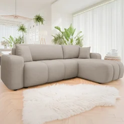 Garnero Arredamenti Divani Angolari|Divani Letto-Divano letto angolare 3 posti 244x145cm con contenitore tessuto beige scuro Orama Tessuto Velo Beige Scuro