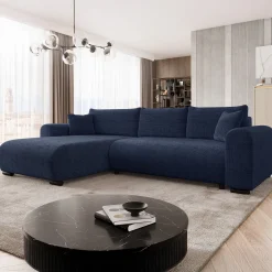 Garnero Arredamenti Divani Angolari|Divani Letto-Divano letto angolare 4 posti 285x188cm con contenitore a trama spessa blu Soft Tessuto Flow a Trama Spessa Blu