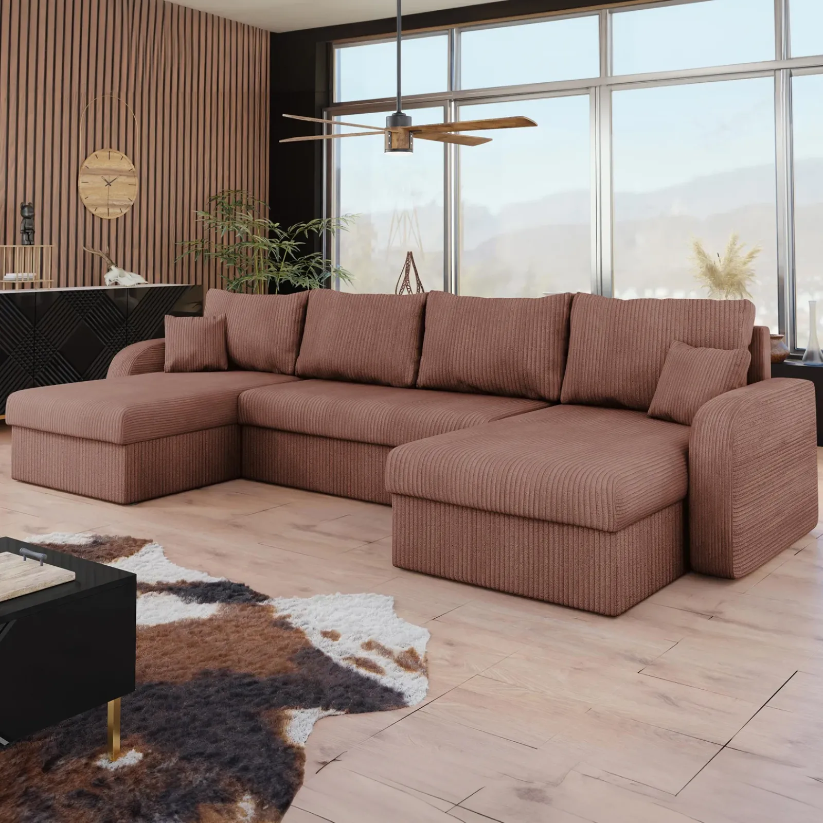 Garnero Arredamenti Divani Panoramici|Divani Angolari-Divano letto angolare 5 posti 304cm con contenitore velluto a coste rosa Assunta Velluto Poso Rosa