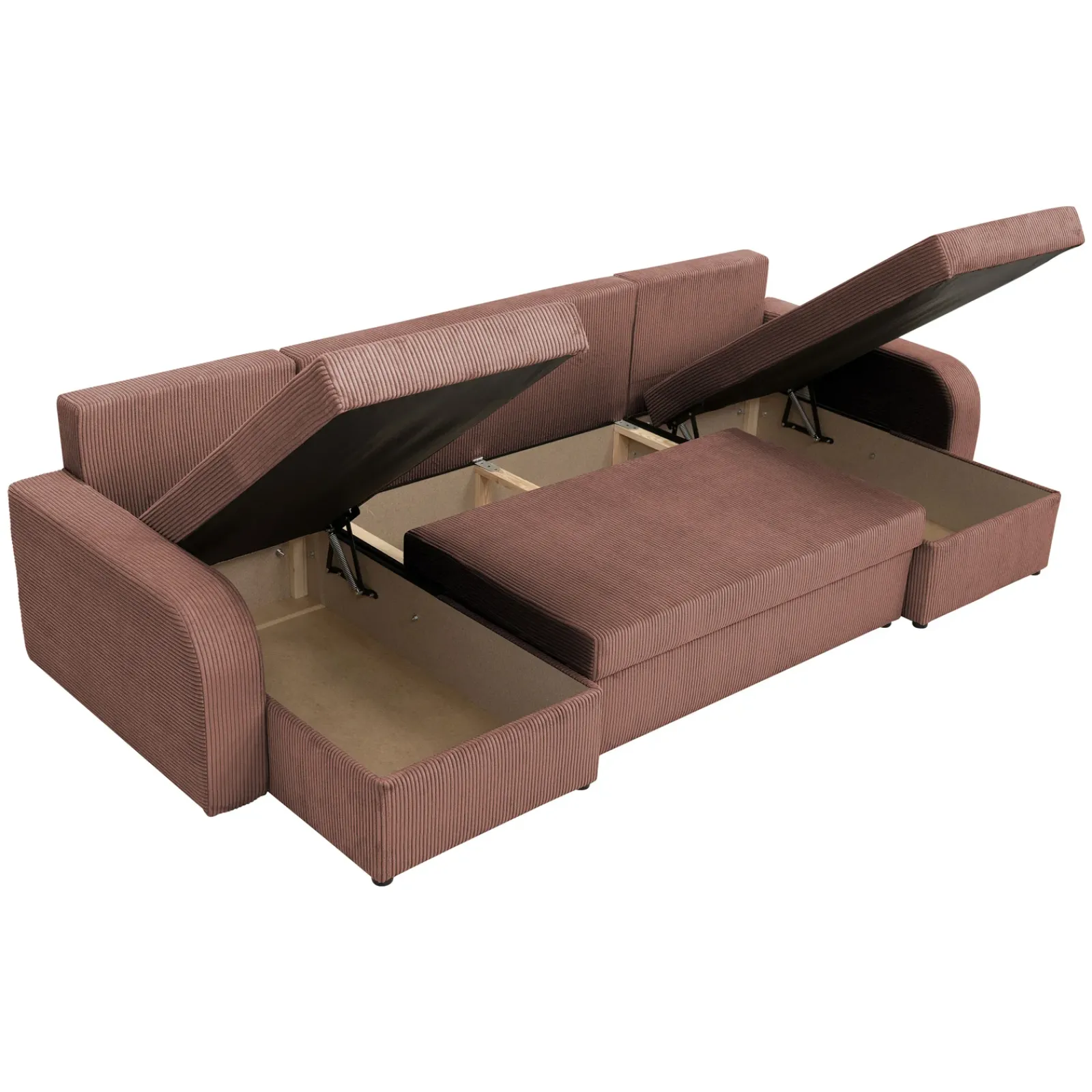 Garnero Arredamenti Divani Panoramici|Divani Angolari-Divano letto angolare 5 posti 304cm con contenitore velluto a coste rosa Assunta Velluto Poso Rosa