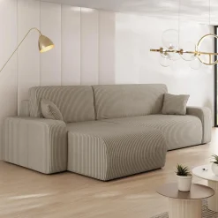 Garnero Arredamenti Divani Angolari|Divani Letto-Divano letto angolare 3 posti 244x145cm con contenitore a coste tortora Slurp Velluto Poso Tortora