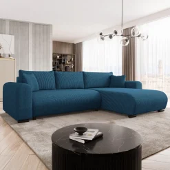 Garnero Arredamenti Divani Angolari|Divani Letto-Divano letto angolare 4 posti 285x188cm con contenitore tessuto velluto a coste blu navy Soft Velluto a Coste Poso Blu Navy