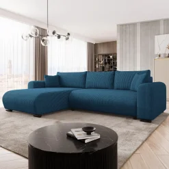 Garnero Arredamenti Divani Angolari|Divani Letto-Divano letto angolare 4 posti 285x188cm con contenitore tessuto velluto a coste blu navy Soft Velluto a Coste Poso Blu Navy