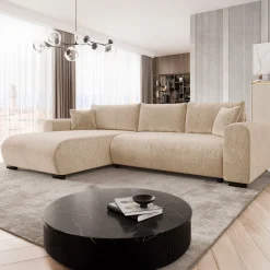 Garnero Arredamenti Divani Angolari|Divani Letto-Divano letto angolare 4 posti 285x188cm con contenitore imbottito tessuto beige Soft Tessuto Clara Beige
