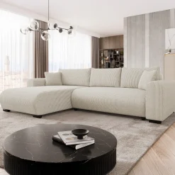 Garnero Arredamenti Divani Angolari|Divani Letto-Divano letto angolare 4 posti 285x188cm con contenitore tessuto velluto a coste beige Soft Velluto a Coste Poso Beige