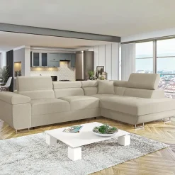 Garnero Arredamenti Divani Angolari|Divani Letto-Divano letto angolare destra imbottito 274x203cm beige Bormio Tessuto Vellutato Manila Beige