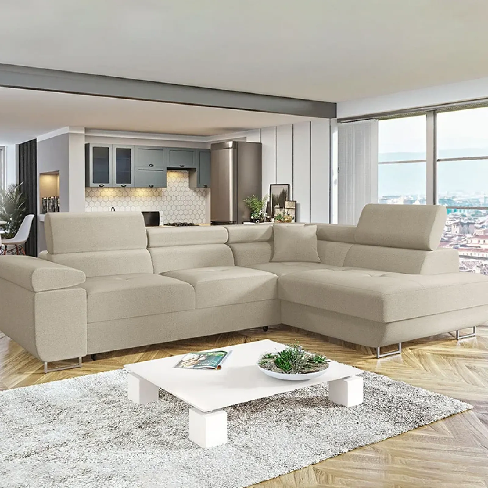 Garnero Arredamenti Divani Angolari|Divani Letto-Divano letto angolare destra imbottito 274x203cm beige Bormio Tessuto Vellutato Manila Beige