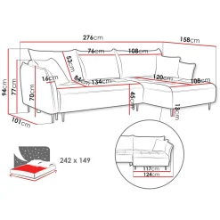 Garnero Arredamenti Divani Angolari|Divani Letto-Divano letto angolare destro 3 posti 276x158cm tessuto grigio scuro Angle Tessuto Peluche Onega Grigio Scuro