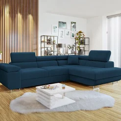 Garnero Arredamenti Divani Angolari|Divani Letto-Divano letto angolare destra imbottito 274x203cm blu Bormio Tessuto Vellutato Manila Blu