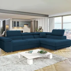 Garnero Arredamenti Divani Angolari|Divani Letto-Divano letto angolare destra imbottito 274x203cm blu Bormio Tessuto Vellutato Manila Blu