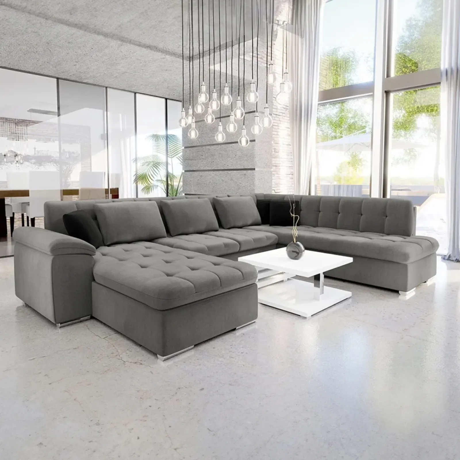 Garnero Arredamenti Divani Panoramici|Divani Angolari-Divano letto angolare destra 5 posti 350x205cm grigio Agliana Tessuto Vellutato Manila Grigio Nero