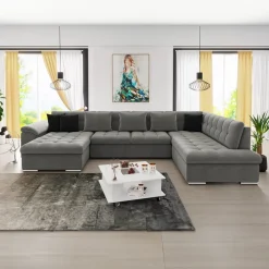 Garnero Arredamenti Divani Panoramici|Divani Angolari-Divano letto angolare destra 5 posti 350x205cm grigio Agliana Tessuto Vellutato Manila Grigio Nero