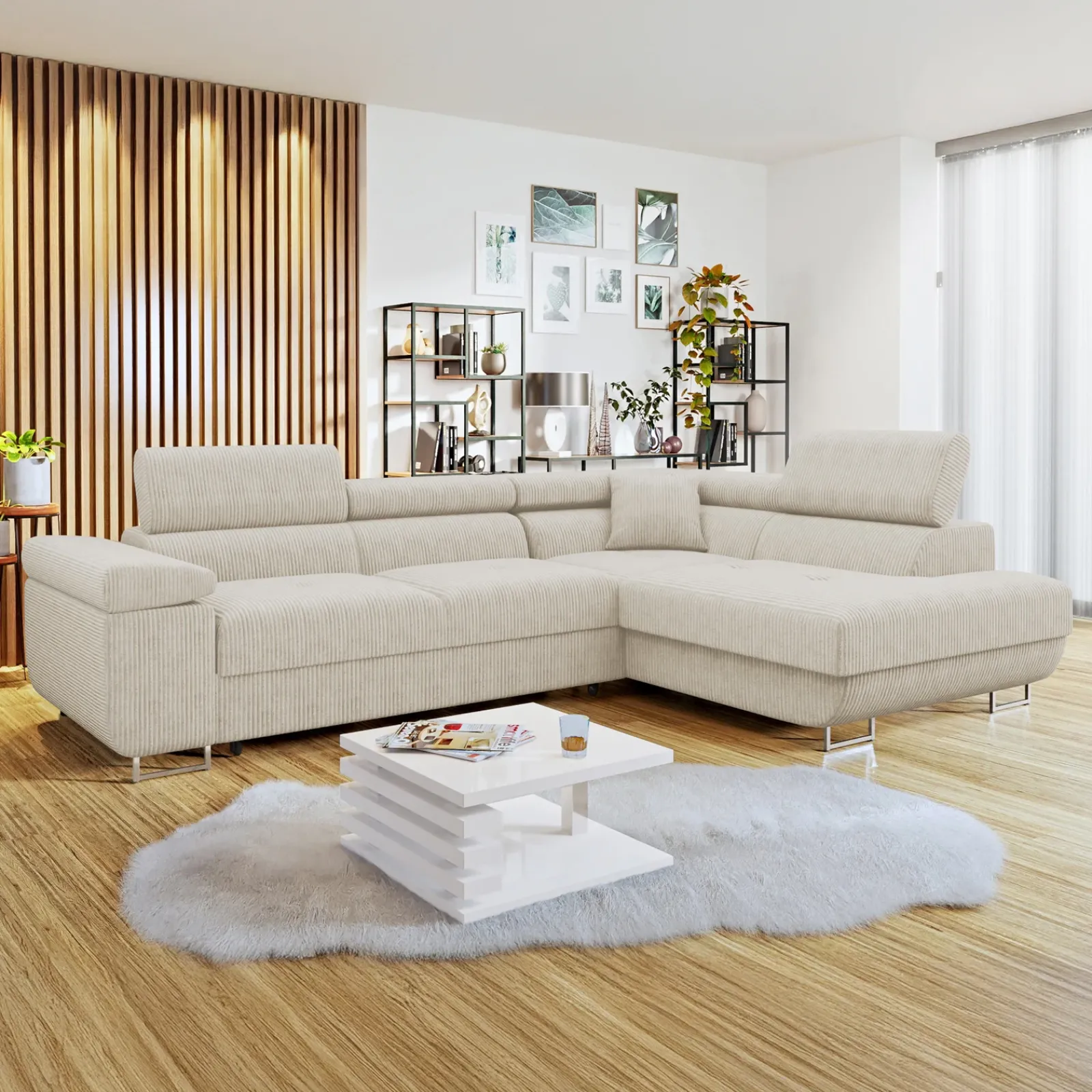 Garnero Arredamenti Divani Angolari|Divani Letto-Divano letto angolare destra 4 posti 274x203cm imbottito a coste beige Bormio Velluto a Coste Poso Beige