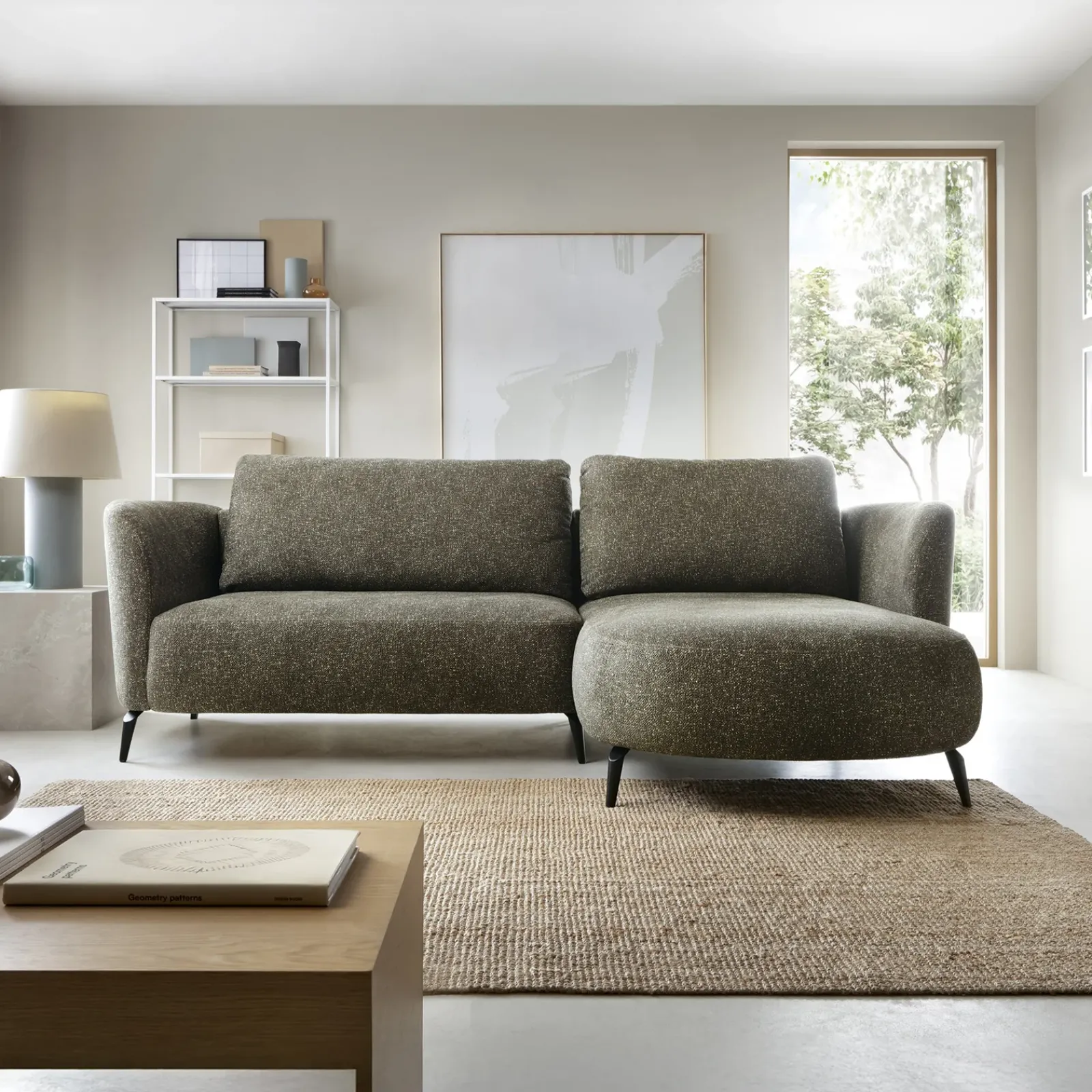 Garnero Arredamenti Divani Angolari|Divani Letto-Divano letto angolare destra 3 posti 260x180cm tessuto bouclè verde Repose Tessuto Bouclè Blur Verdone