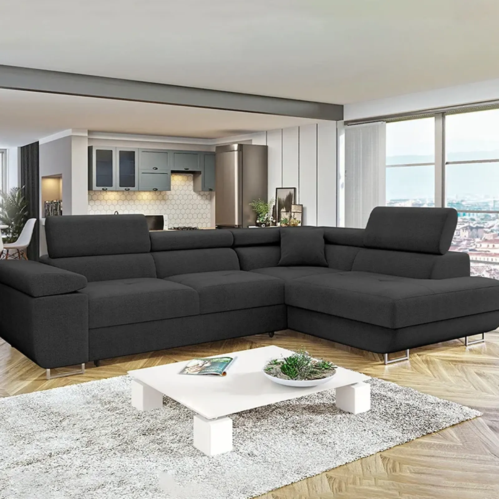 Garnero Arredamenti Divani Angolari|Divani Letto-Divano letto angolare destra imbottito 274x203cm nero Bormio Tessuto Vellutato Manila Nero