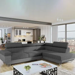 Garnero Arredamenti Divani Angolari|Divani Letto-Divano letto angolare destra 5 posti 253x188cm grigio Almese Tessuto Treccia Fine Lux Grigio