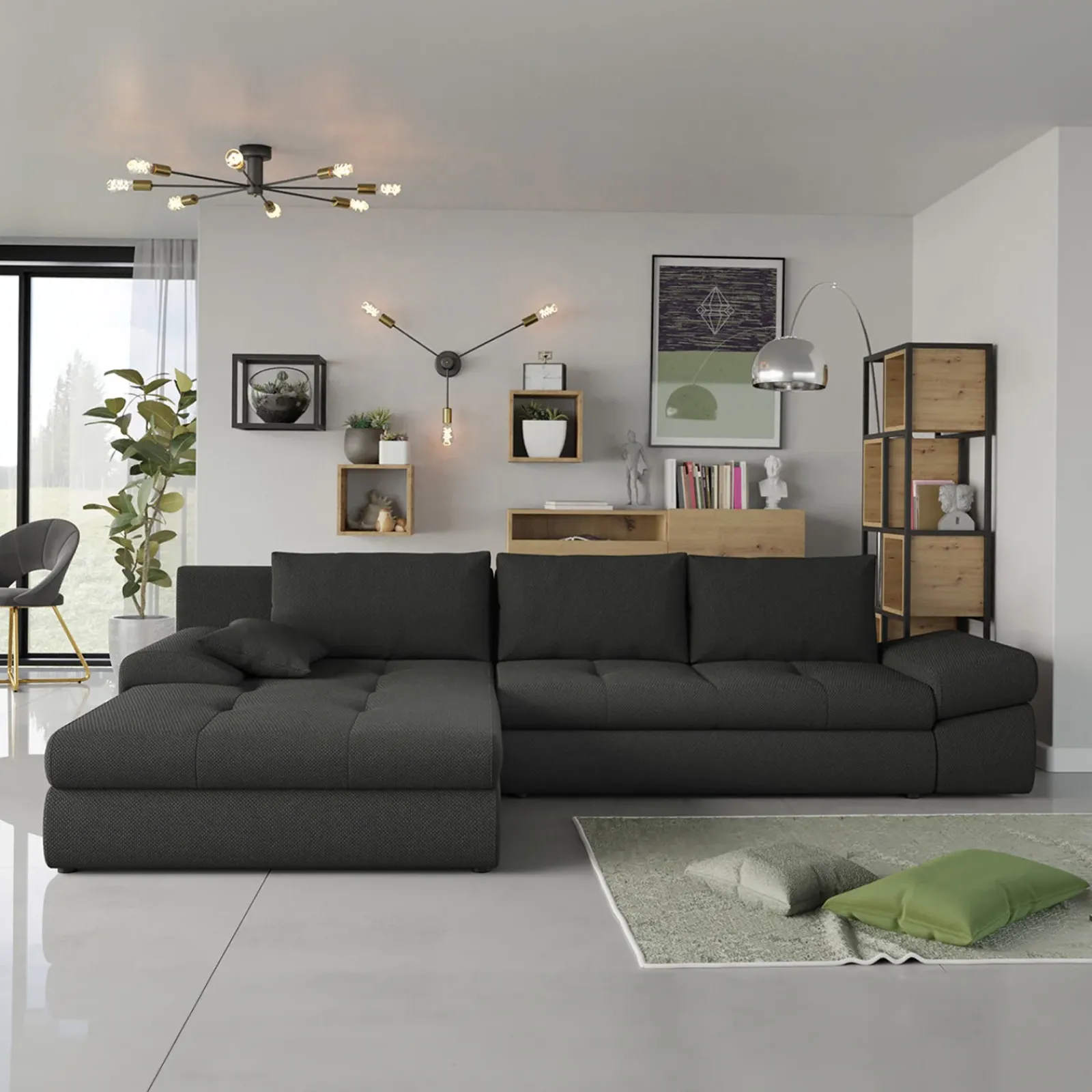 Garnero Arredamenti Divani Angolari|Divani Letto-Divano letto angolare reversibile 313x215cm tessuto antracite Puffo