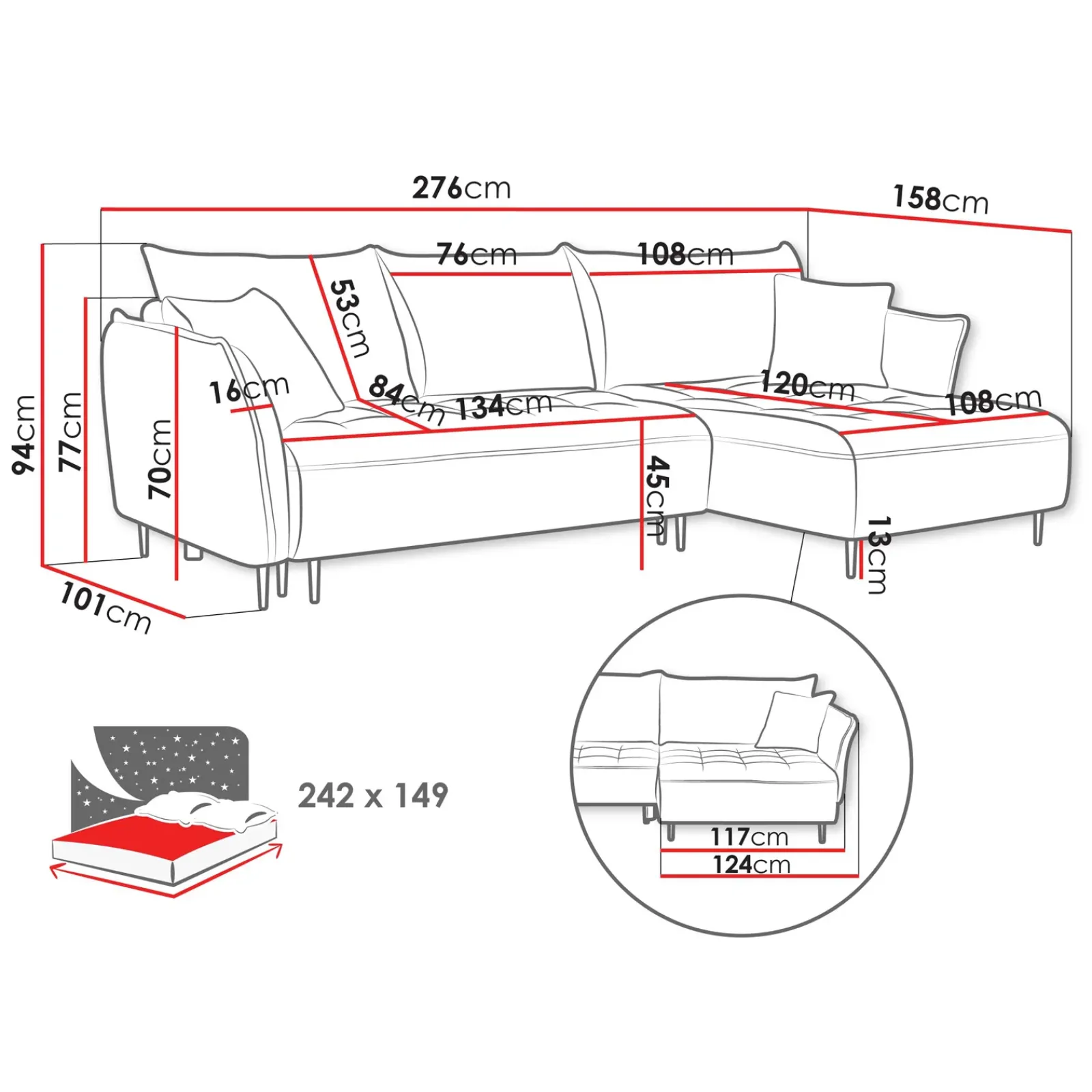 Garnero Arredamenti Divani Angolari|Divani Letto-Divano letto angolare sinistro 3 posti 276x158cm tessuto grigio Angle Tessuto Peluche Onega Grigio