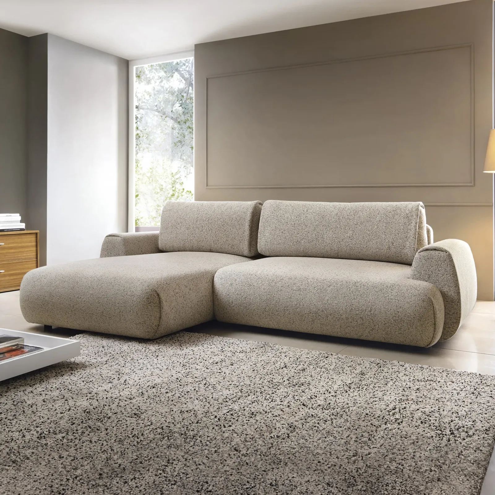 Garnero Arredamenti Divani Angolari|Divani Letto-Divano letto angolare sinistra 3 posti 270x167cm tessuto beige Cloudify Tessuto Puente Beige