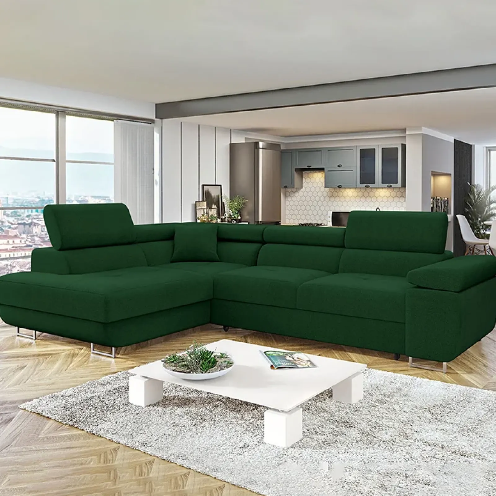 Garnero Arredamenti Divani Angolari|Divani Letto-Divano letto angolare sinistra imbottito 274x203cm verde Bormio Tessuto Vellutato Manila Verde