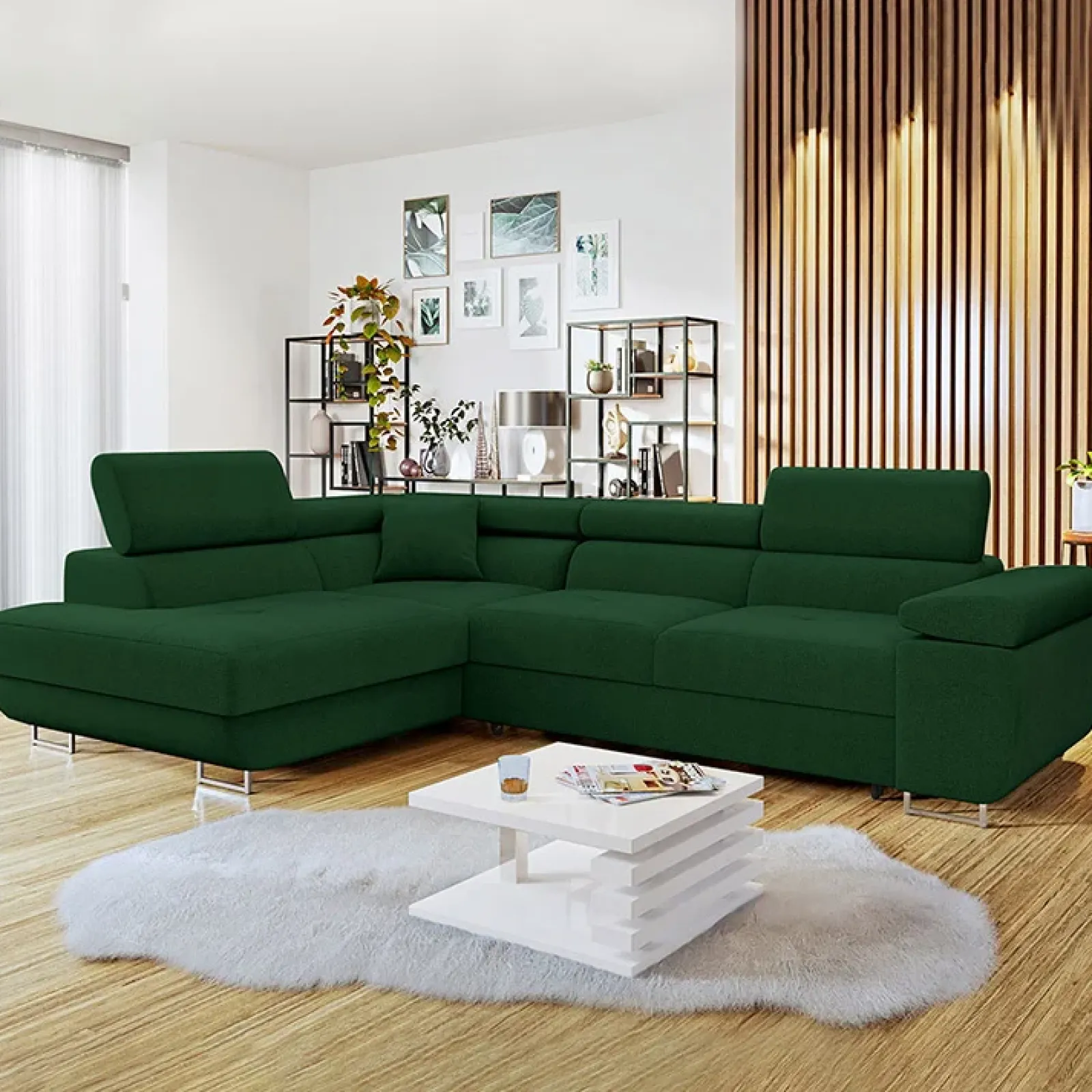 Garnero Arredamenti Divani Angolari|Divani Letto-Divano letto angolare sinistra imbottito 274x203cm verde Bormio Tessuto Vellutato Manila Verde