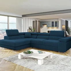 Garnero Arredamenti Divani Angolari|Divani Letto-Divano letto angolare sinistra imbottito 274x203cm blu Bormio Tessuto Vellutato Manila Blu