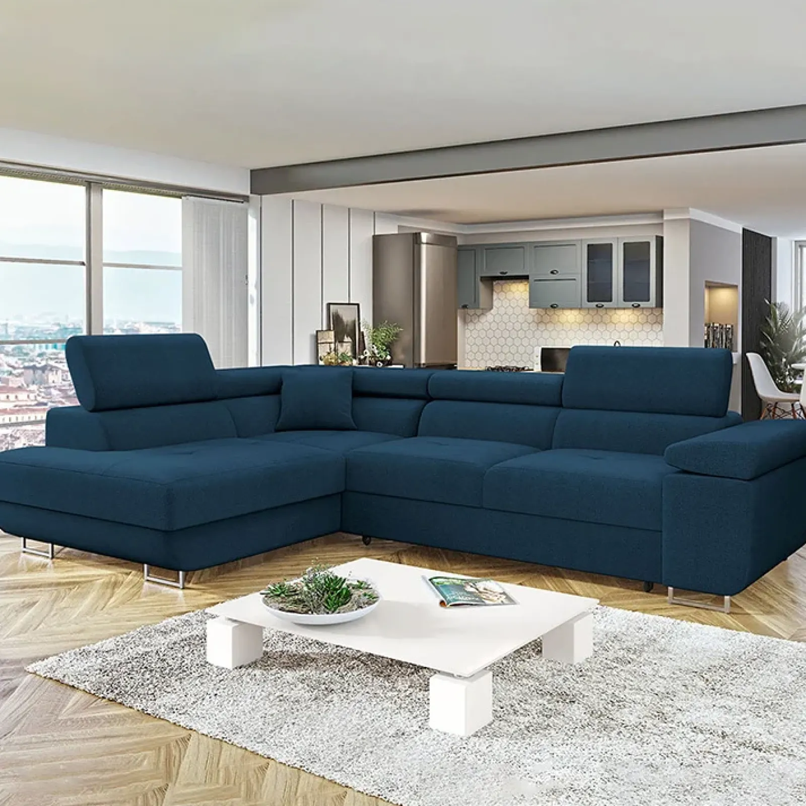 Garnero Arredamenti Divani Angolari|Divani Letto-Divano letto angolare sinistra imbottito 274x203cm blu Bormio Tessuto Vellutato Manila Blu
