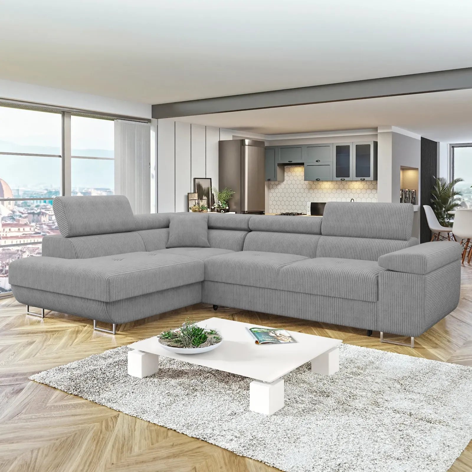 Garnero Arredamenti Divani Angolari|Divani Letto-Divano letto angolare sinistra imbottito 274x203cm velluto a coste grigio Bormio Velluto Poso Grigio