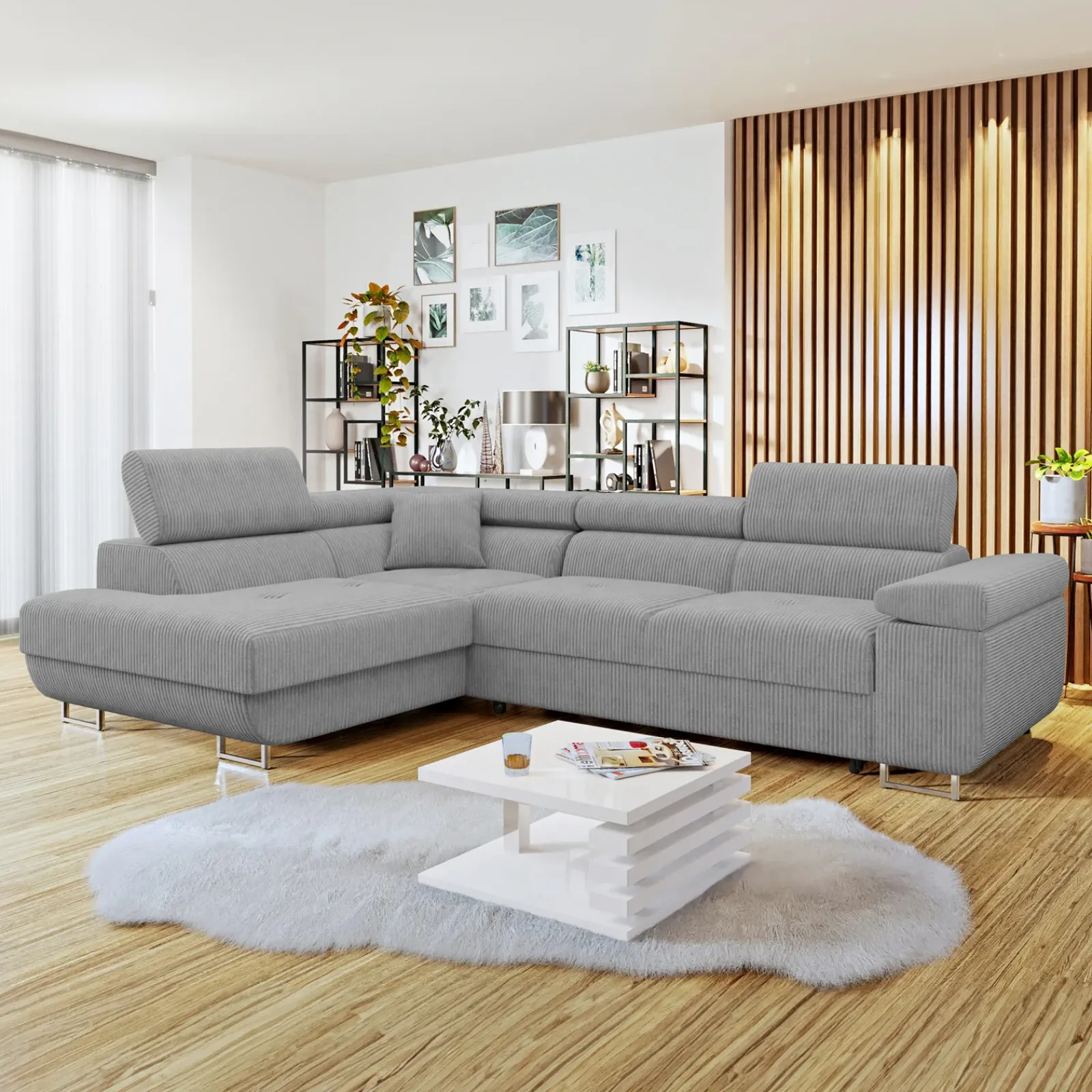 Garnero Arredamenti Divani Angolari|Divani Letto-Divano letto angolare sinistra imbottito 274x203cm velluto a coste grigio Bormio Velluto Poso Grigio