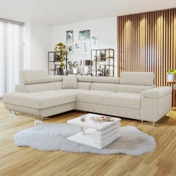 Garnero Arredamenti Divani Angolari|Divani Letto-Divano letto angolare sinistra 4 posti 274x203cm imbottito a coste beige Bormio Velluto a Coste Poso Beige