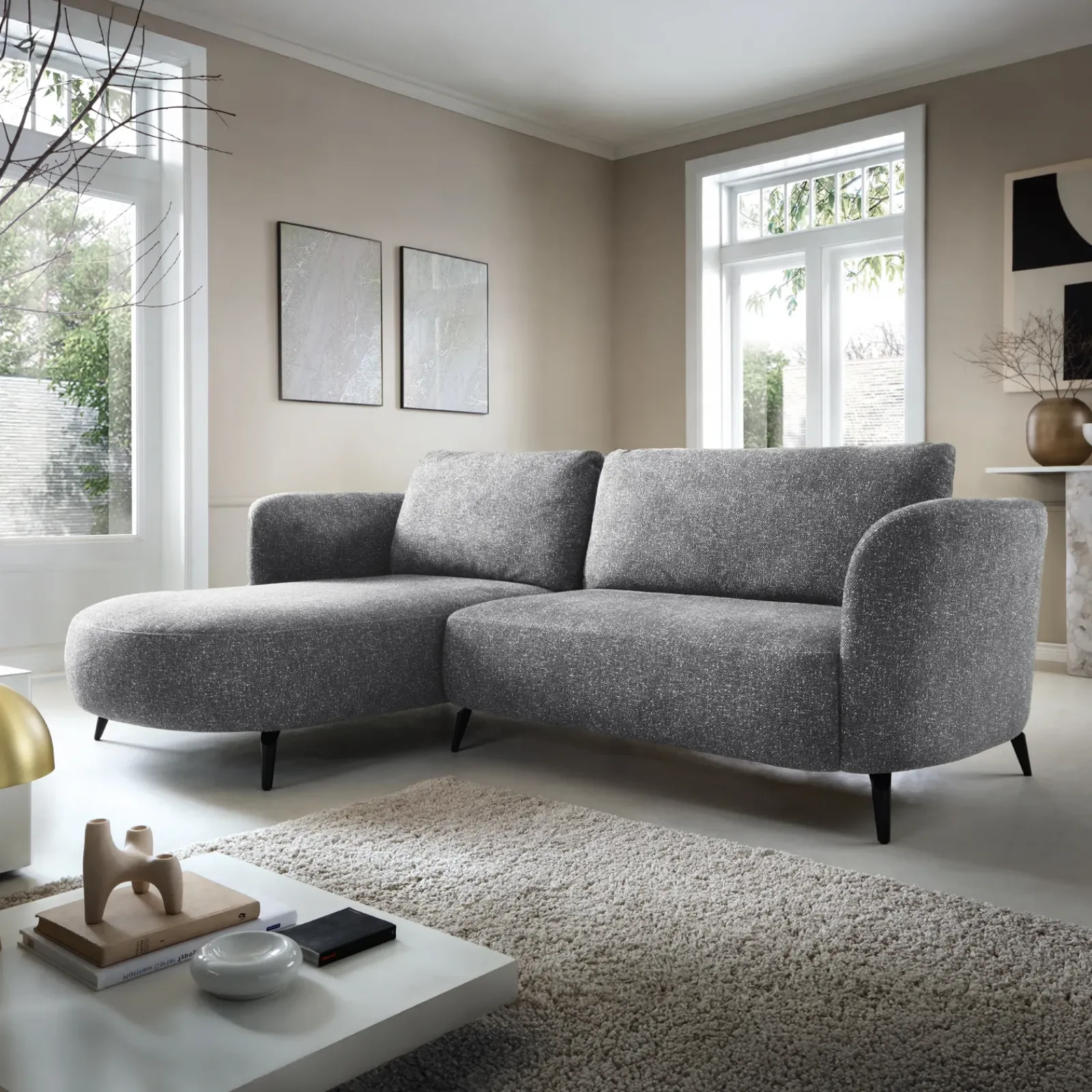 Garnero Arredamenti Divani Angolari|Divani Letto-Divano letto angolare sinistra 3 posti 260x180cm tessuto bouclè grigio Repose Tessuto Bouclè Blur Grigio
