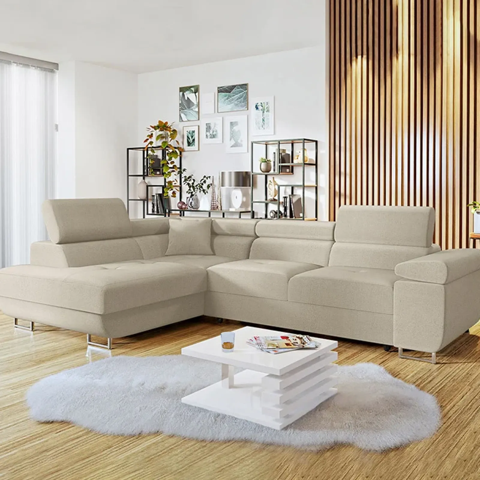 Garnero Arredamenti Divani Angolari|Divani Letto-Divano letto angolare sinistra imbottito 274x203cm beige Bormio Tessuto Vellutato Manila Beige