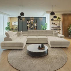 Garnero Arredamenti Divani Angolari|Divani Letto-Divano letto angolare sinistra 5 posti 346x203cm con box contenitore beige Moirea Tessuto Vellutato Manila Beige