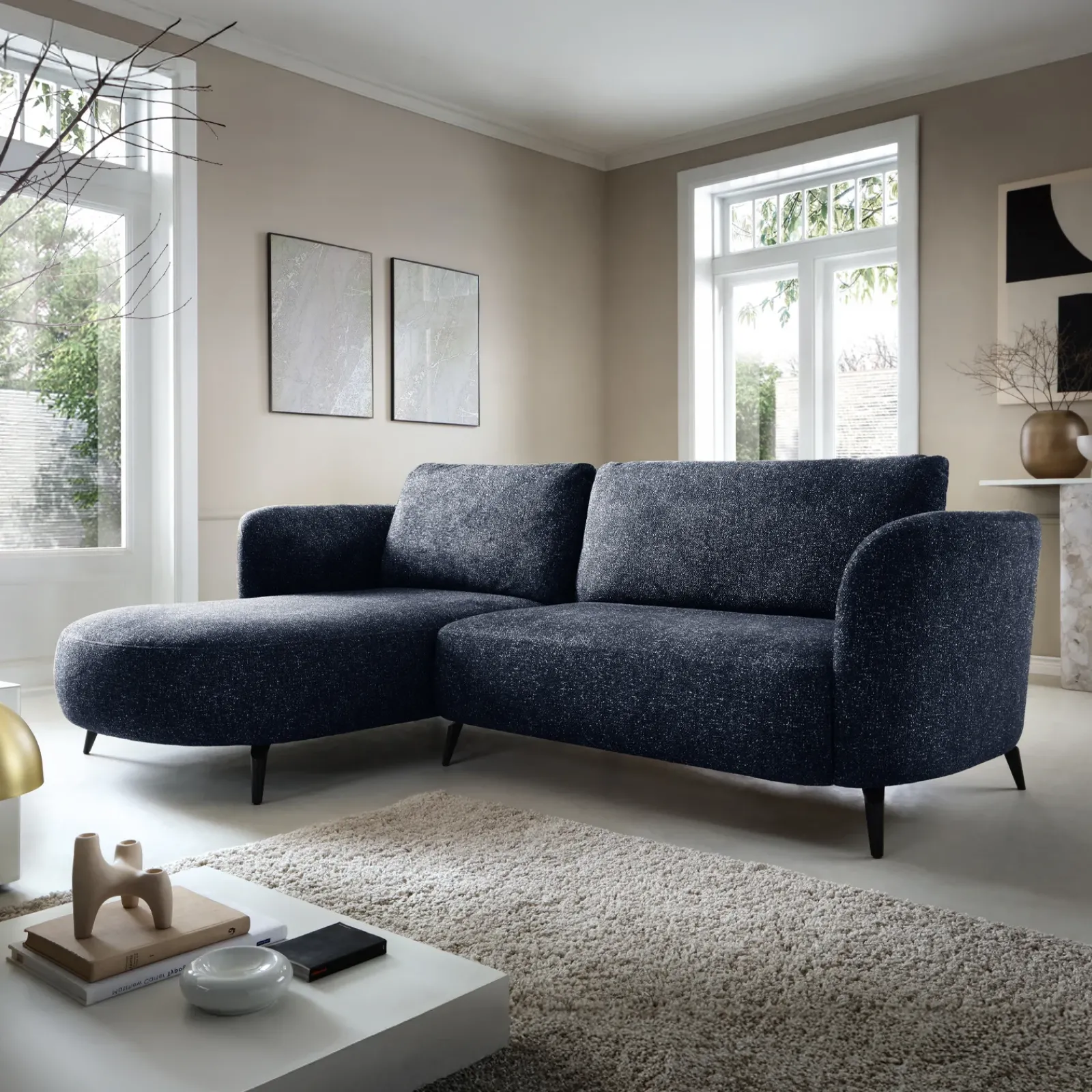 Garnero Arredamenti Divani Angolari|Divani Letto-Divano letto angolare sinistra 3 posti 260x180cm tessuto bouclè blu Repose Tessuto Bouclè Blur Blu