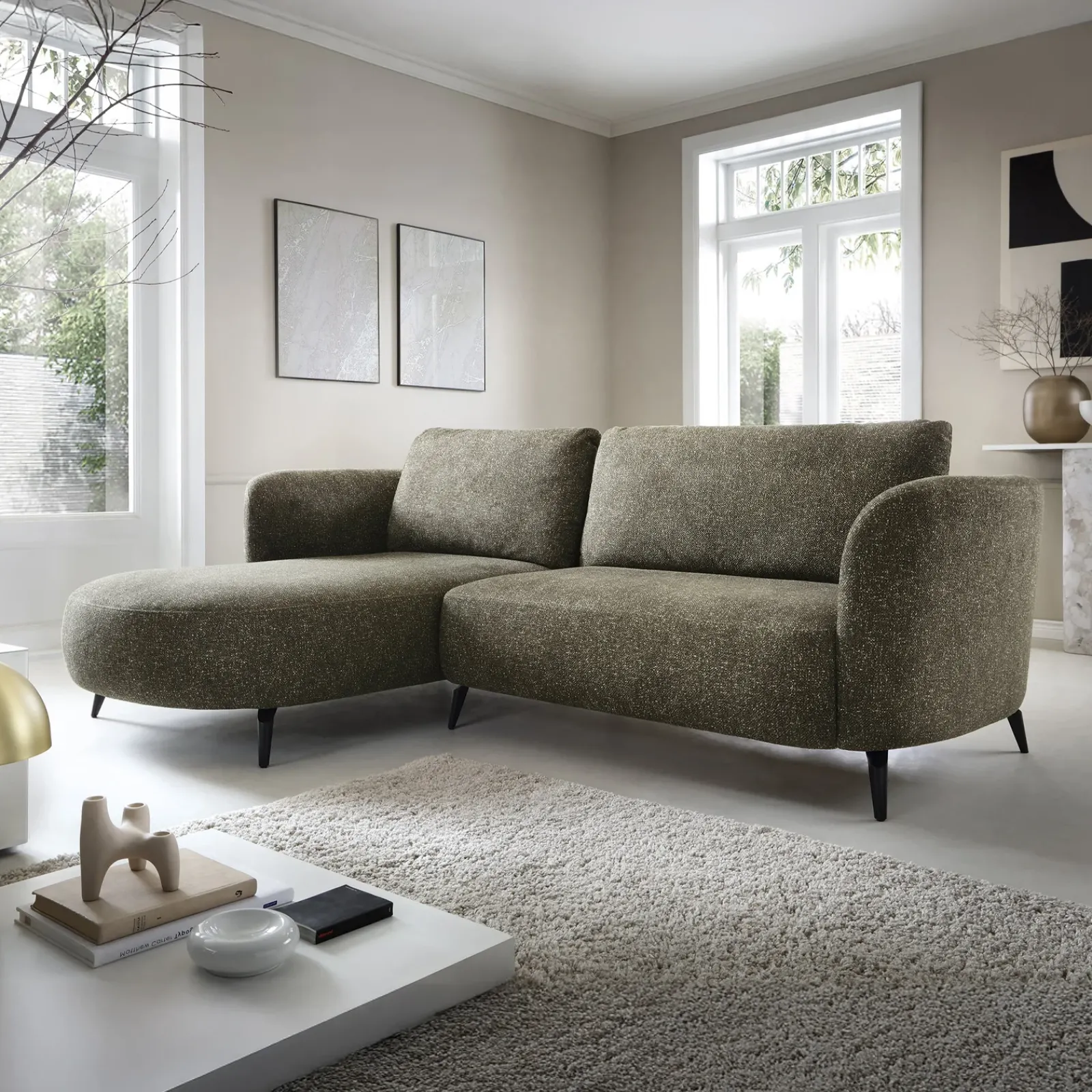 Garnero Arredamenti Divani Angolari|Divani Letto-Divano letto angolare sinistra 3 posti 260x180cm tessuto bouclè verde Repose Tessuto Bouclè Blur Verdone