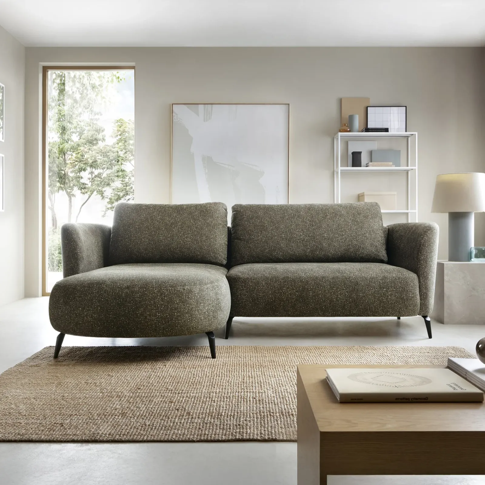 Garnero Arredamenti Divani Angolari|Divani Letto-Divano letto angolare sinistra 3 posti 260x180cm tessuto bouclè verde Repose Tessuto Bouclè Blur Verdone