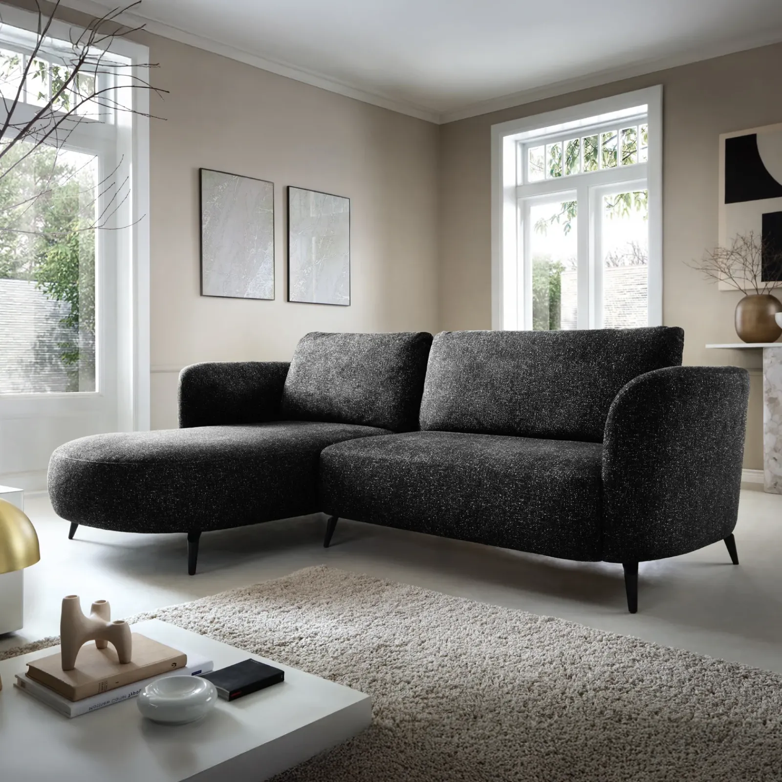 Garnero Arredamenti Divani Angolari|Divani Letto-Divano letto angolare sinistra 3 posti 260x180cm tessuto bouclè antracite Repose Tessuto Bouclè Blur Antracite