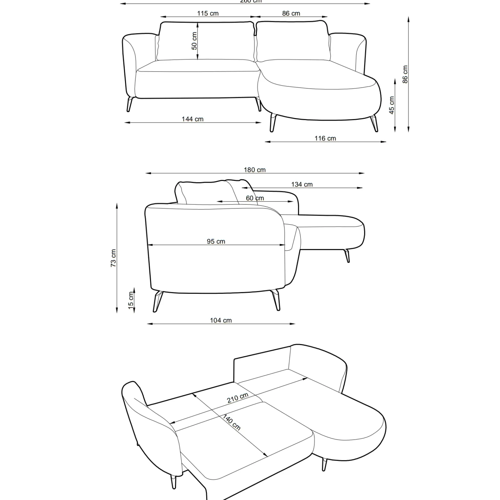 Garnero Arredamenti Divani Angolari|Divani Letto-Divano letto angolare sinistra 3 posti 260x180cm tessuto bouclè antracite Repose Tessuto Bouclè Blur Antracite