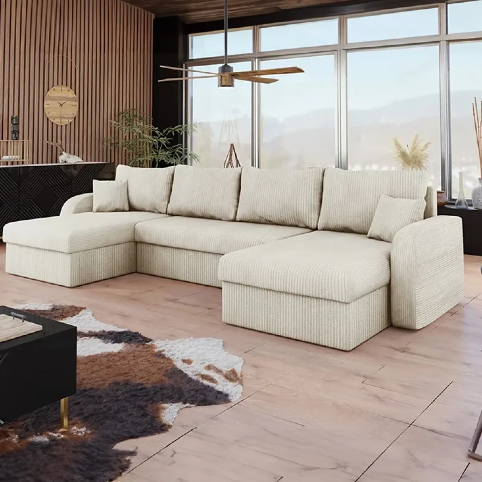 Garnero Arredamenti Divani Panoramici|Divani Angolari-Divano letto angolare velluto a coste beige 304x140cm con contenitore Assunta Velluto Poso Beige