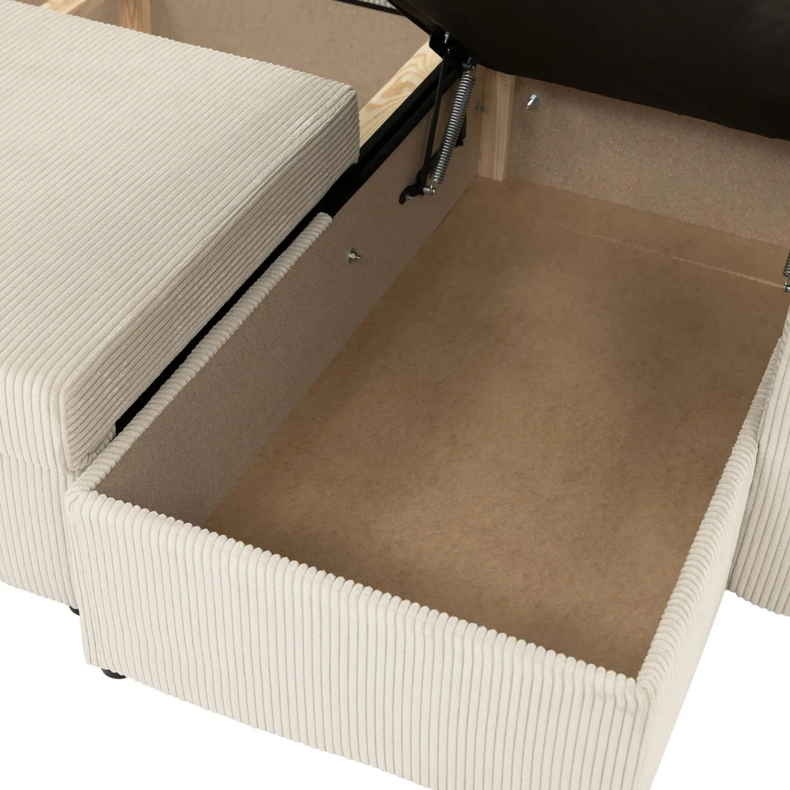 Garnero Arredamenti Divani Panoramici|Divani Angolari-Divano letto angolare velluto a coste beige 304x140cm con contenitore Assunta Velluto Poso Beige