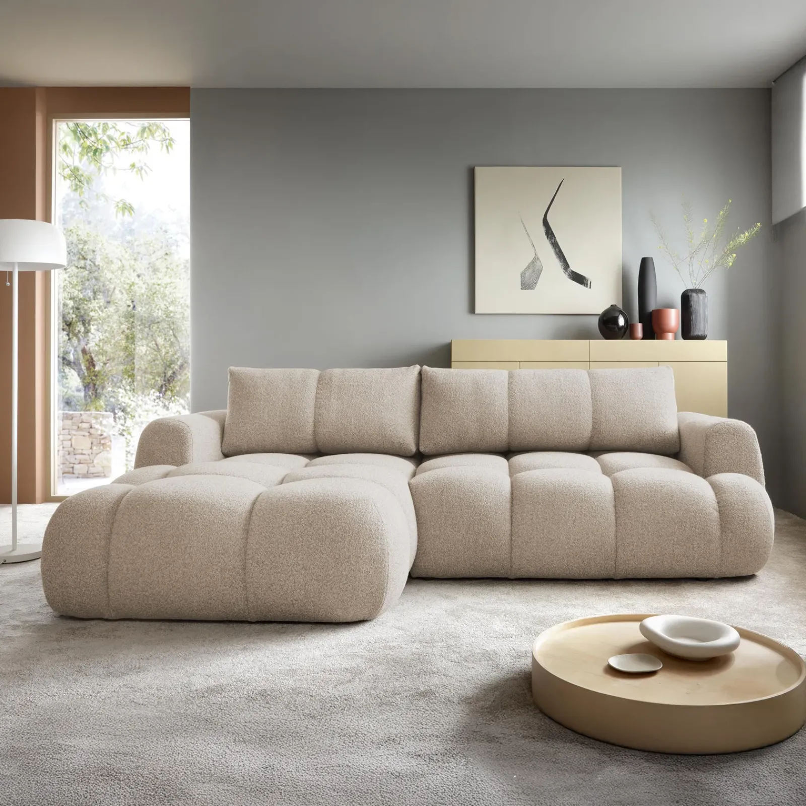 Garnero Arredamenti Divani Angolari|Divani Letto-Divano letto con angolo a sinistra 4 posti 270x173cm con contenitore Litos Tessuto Bouclé Beige