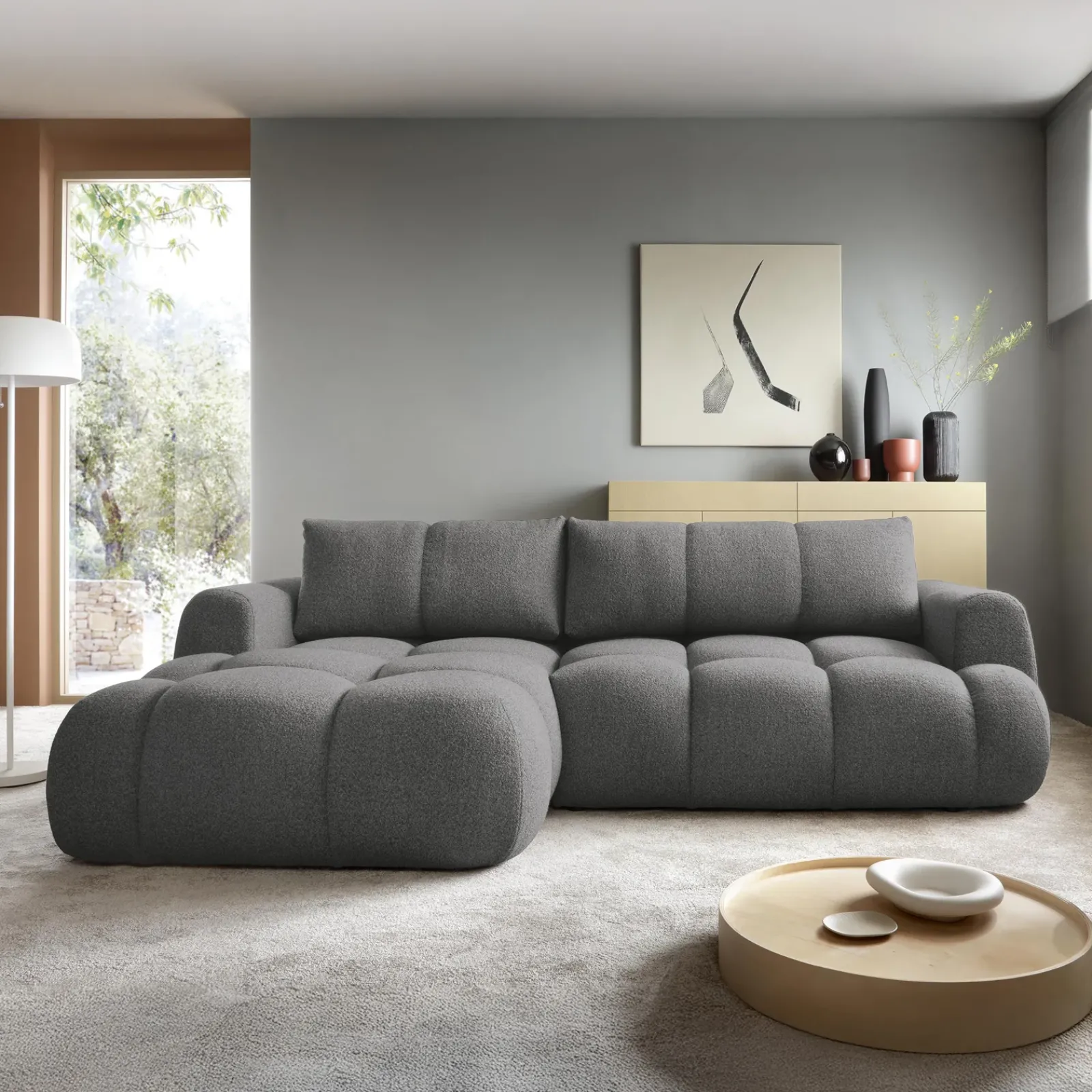 Garnero Arredamenti Divani Angolari|Divani Letto-Divano letto con angolo a sinistra 4 posti 270x173cm con contenitore Litos Tessuto Bouclé Grigio Scuro