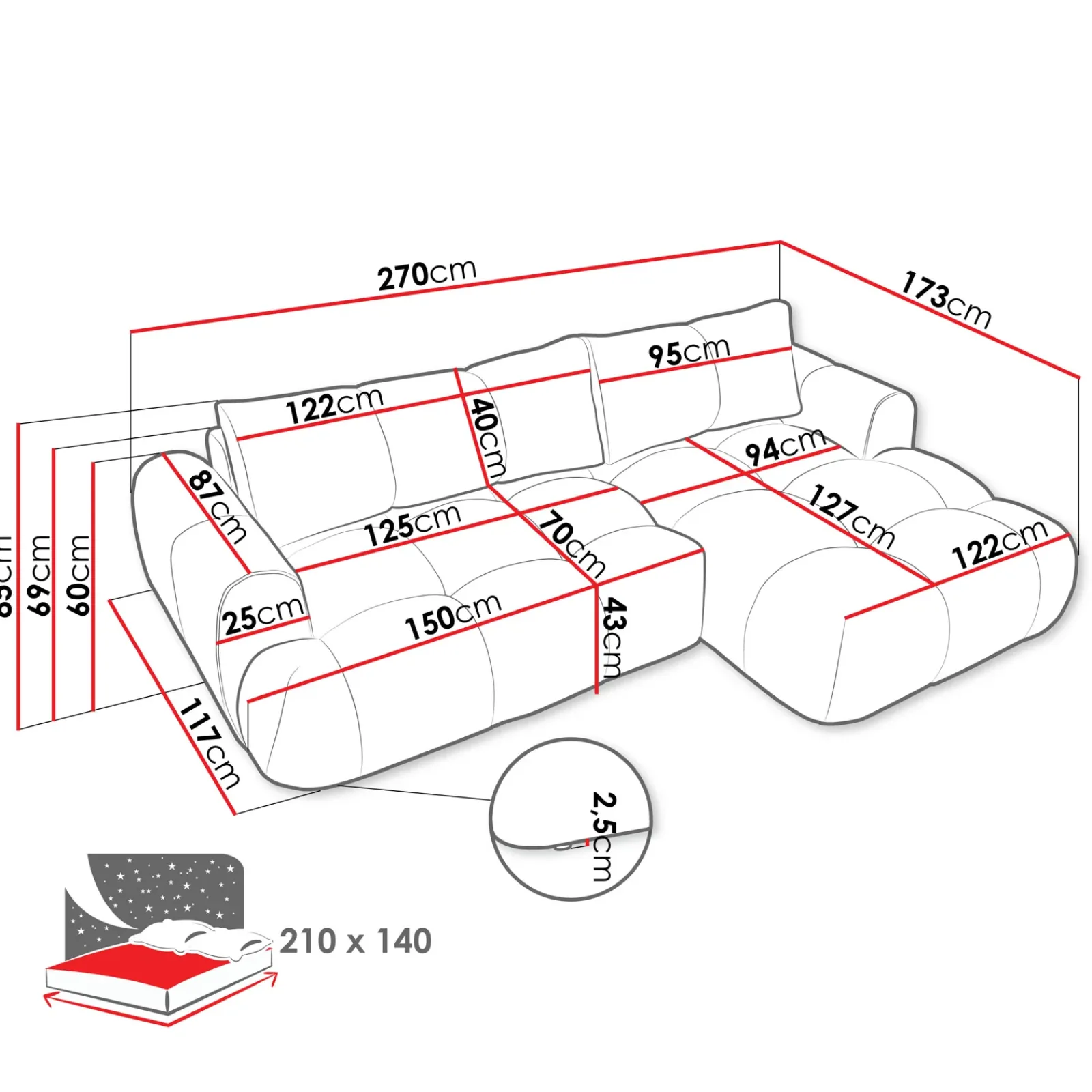 Garnero Arredamenti Divani Angolari|Divani Letto-Divano letto con angolo a sinistra 4 posti 270x173cm con contenitore Litos Tessuto Bouclé Grigio Scuro